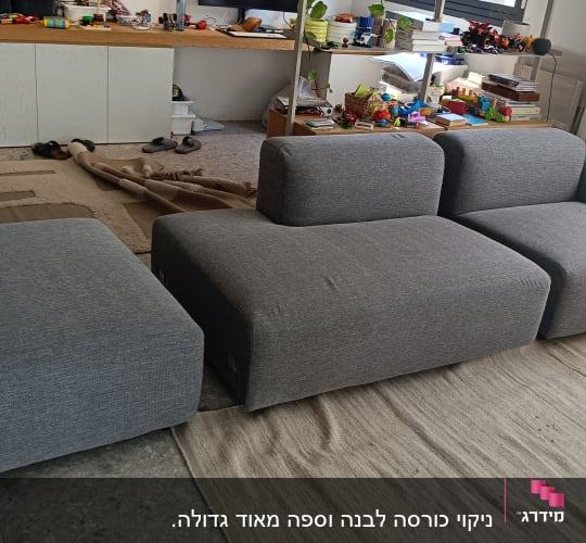 ספה אפורה עם כריות על שטיח בחדר מגורים